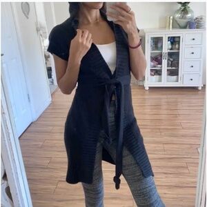 🪞 Long knit tie up duster cardigan sweater in black with hoodie
